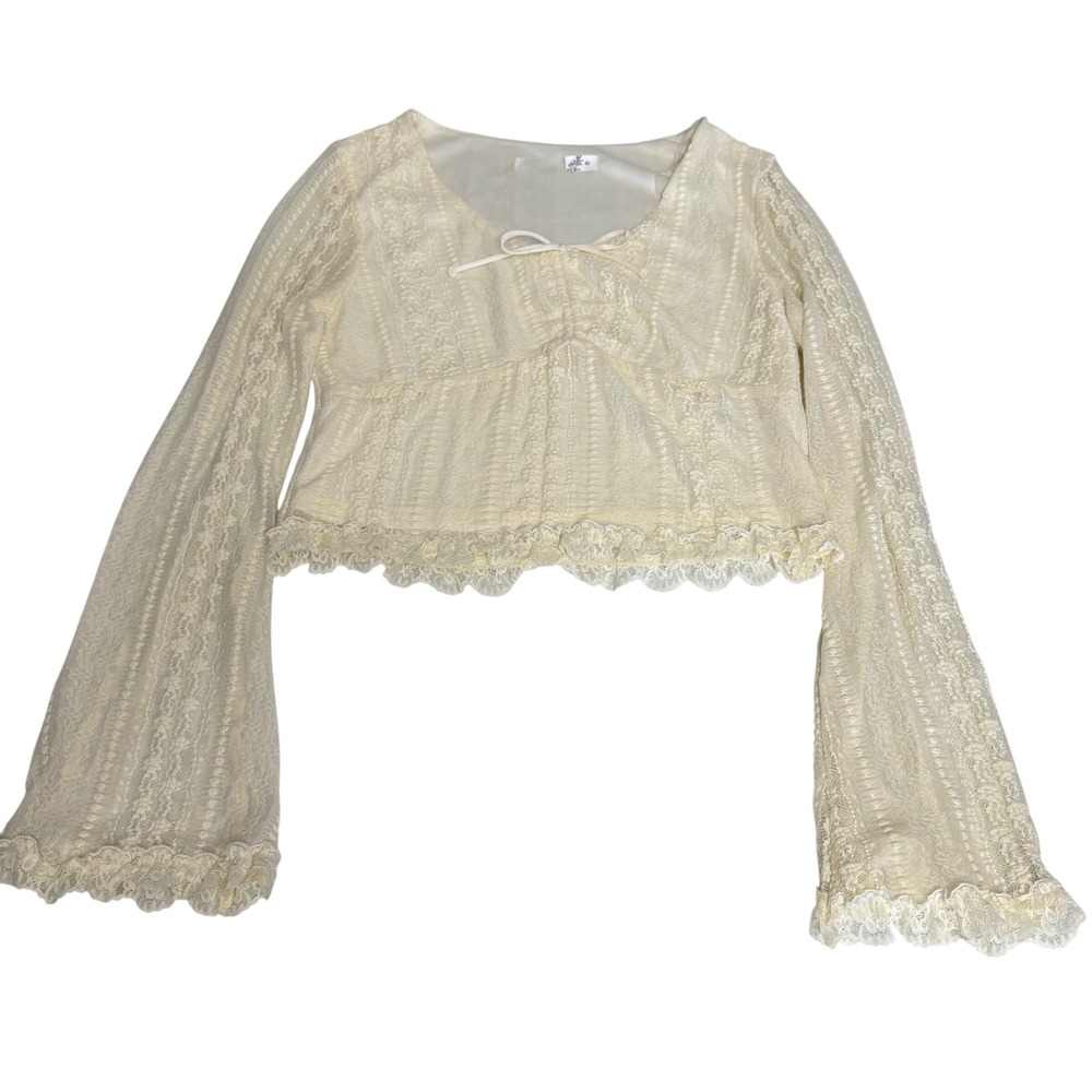 Altar'd State Bell Sleeve Lace Ivory Crop Top Ruched Bust Scoop Neck Floral M